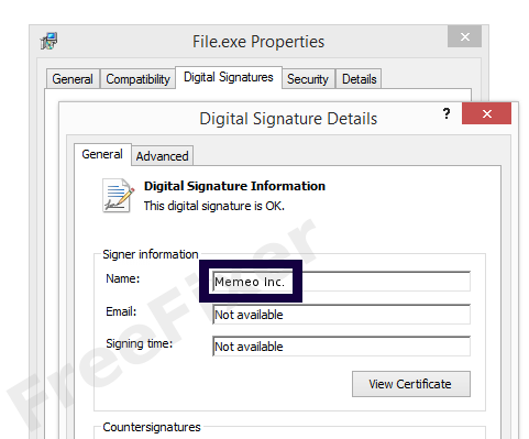 Screenshot of the Memeo Inc. certificate